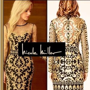 NWT,Nicole Miller Exclusive,Scroll Embroidery,Sheer Sleeve,Illusion Dress,Size 4